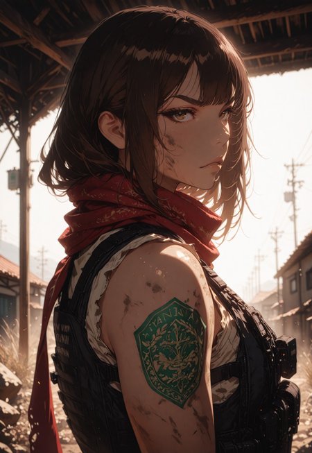 masterpiece, best quality, amazing quality, very aesthetic, high resolution, ultra-detailed, absurdres, newest, scenery, {Prompt}, BREAK, depth of field, volumetric lighting,

,iranian woman, brown hair, brown eyes,strong brows,arm tattoo, despite,scarf, tactical vest,sleeveless, dirty face,woman ,from side, 