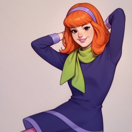score_9, score_8_up, score_7_up BREAK DaphneCl, 1girl, orange hair, black eyes, pink lipstick, lavender headband, green scarf, long-sleeved purple lavender shirt, lavender cuffs, purple skirt, lavender hemline, pink tights, hands behind head, smiling at viewer, cowboy shot,