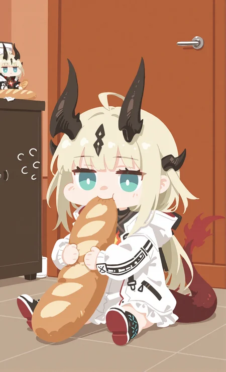 masterpiece, sharp detail, intricate detail, 1girl, reed \(arknights\), chibi, sitting, hugging baguette, munching,  indoors, sitting on floor, <lora:nineface-chibi-noob1-5:1> <lora:illustrious_flat_color_v2:1> flat color, no lineart,