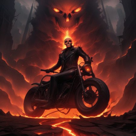 Dark Fantasy Art, Dark Moody Atmosphere, dramatic, mysterious, dark moody atmosphere, dark, moody, dark fantasy style, realistic anime,
BREAK,
Ghost Rider rockets up the skyscraper, his flaming motorcycle scorching a fiery path over glass and steel,
BREAK,
His skull, engulfed in hellfire, casts a sinister, flickering glow, with empty eye sockets seething with vengeful fire,
BREAK,
Flames curl around his skeletal form, his leather jacket and pants seared and frayed, smoldering as he rides,
BREAK, 
sitting on his bike, (((cracked roadway))), cracked road, skull, from side, low angle shot, close up shot, detailed afce, detailed skull, front view, wide angle, burning wheels and bike, chopper motorcycle, chopper, burning engine, leaking lava from cracked road, red sunset, 
detailed bike,