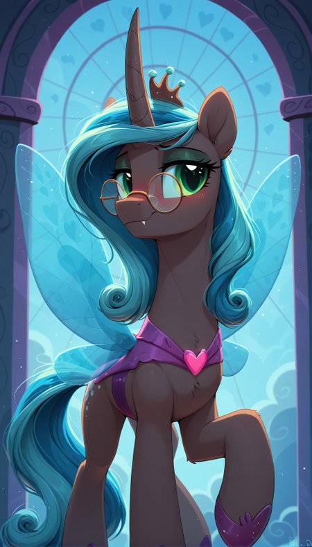 resolution,masterpiece,high resolution,my little pony,friendship is magic resolution,masterpiece,high resolution,solo,wild,pony, 
female Changelings Reversalis,pony,black body,green eyes with slit pupils,she has a long turquoise mane with curled ends. She has a sharp black horn,holey sail-like wings with a pattern of hearts on the edges,TRANSPARENT BUTTERFLY WINGS, glasses <lora:Reversalis44:1>,