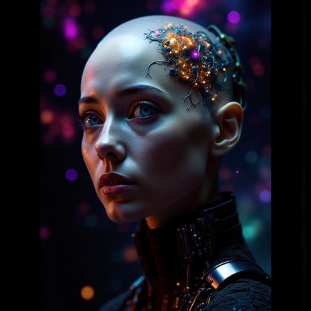 Create a futuristic, high-contrast image of a bald, bioengineered woman with a neural network implanted in her brain, gazing directly at the viewer with a confident and slightly surprised expression. Her skin is smooth and natural, but her eyes seem to hold a hint of macabre intensity. The background is a dark, nebula-like expanse, with tendrils of color swirling around her like a cyberpunk aurora. The overall effect should be one of dramatic, high-contrast realism, with a focus on fine texture and extreme detail. The image should feel like a still from a sci-fi movie, with a sense of futuristic unease and tension.  <lora:flux/skin texture style v5.safetensors:1.0>, skin texture style, realism, detailed, <lora:flux/Realism 2.safetensors:0.8>, realism, realistic,  <lora:art and styles/MysticFantasy.safetensors:0.8>,