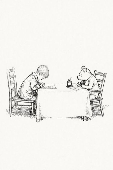 ehshep1 sketch. 
A young boy and Winnie-the-Pooh On the left is a child, seated on a wooden chair, is hunched over a small table, looking at a piece of paper. The child is dressed in a long-sleeved shirt with a high collar, which appears to be a historical or period-appropriate attire. On the right sits Winnie-the-Pooh, writing on a piece of paper. <lora:ehshep2_cap_d6a3e12:1.0><lora:825901080064869736:0>