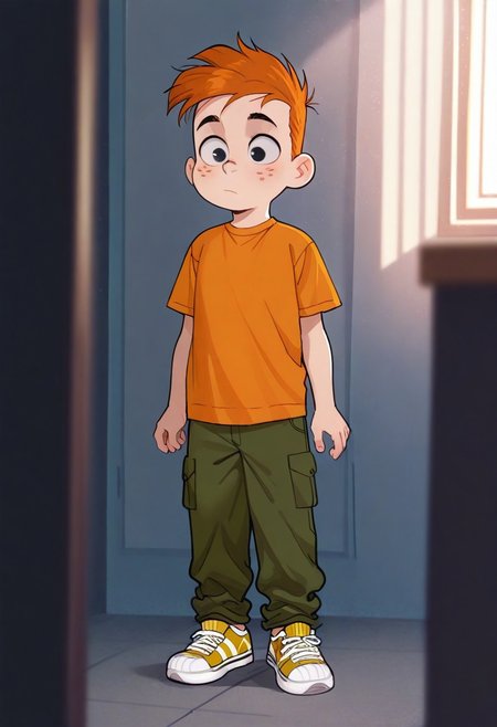 masterpiece, best quality, amazing quality, very aesthetic, absurdres, newest, volumetric lighting, 
cinematic, intricately detailed illustration, depth of field, masterpiece, best quality, amazing quality, very aesthetic, absurdres, newest, 1boy, male focus, cute boy, solo, Adam Lyon, Black Eyes, Orange Hair, Freckles, Orange Shirt, Green Pants, Red and Yellow Striped Shoes, 15546+456868