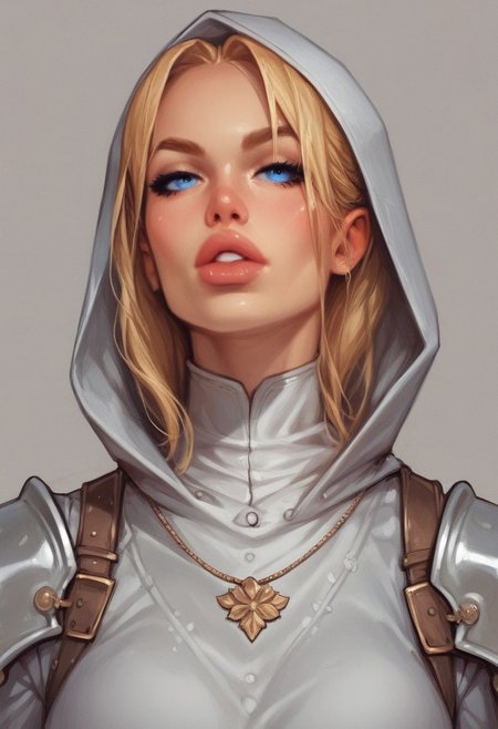 extremely detailed, blonde, knight, hood, high detailed blue eyes, 18yo girl, (((small lips)))
((full-clothed armor)), ((long big sword in hands, long sword in hands)), medieval style
BREAK 
strange world background score_9, score_8_up, score_7_up, score_6_up, source_cartoon, rating_explicit, Expressiveh, (((((upper body, portrait))))), dynamic pose
