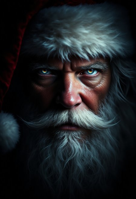 Santa Claus in a dramatic, chiaroscuro-style close-up portrait, his kind eyes shining from the lit half of his face, while deep shadows obscure the other side. His crimson hatâs fur trim is faintly visible against the darkness.