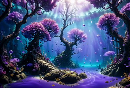 A mystical fantasy (underwater:1.05) forest filled with magical trees and bubbles lit, magical sea animals, fantasy sea animals, bio-luminescent trees, (purple theme, purple water)  <lora:sdxl\add-detail-xl> <lora:sdxl\xl_more_art-full_v1>