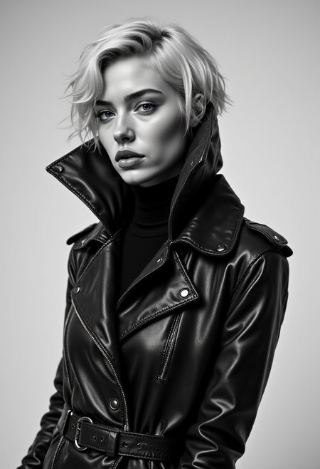 Create a stunning black-and-white editorial portrait of the side profile of a 22 yo French female supermodel with B cup breasts standing in a  dynamic pose confidently against a minimalist studio backdrop. Her posture is bold and assertive, with her shoulders slightly back and her chin lifted high. Her shoulders are perpendicular Her head is angled slightly to the right, offering a three-quarter view that accentuates her strong jawline and high cheekbones, exuding an air of rebellious elegance and composure.  Her elbows pulled back behind her and her forearms horizontal to the floor.
She looks directly at the camera.  Her shoulders are directly perpendicular to the camera.
She wears a textured black leather jacket with her long hair tucked neatly inside an oversized collar dramatically turned up with a black turtle neck sweater underneath. The jacket is fitted to highlight her slim figure, with detailed metallic zippers and a structured belt. Her platinum blonde pixie cut hair.
The lighting is precise and directional, sculpting her features and highlighting the reflective texture of the leather. The angle of her head and the turned-up collar create a dynamic composition.
cinematic film style, highly detailed, ultra-high resolution, 32K UHD, sharp focus, (photorealistic:1.5)