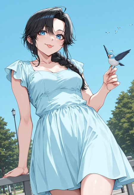 MinekuraStyle, BREAK
1girl, solo, cowboy shot, dutch angle, smile, blue eyes, black hair, braided ponytail, hair over shoulder, tongue out, :P, blue sky, birds, park, cute dress