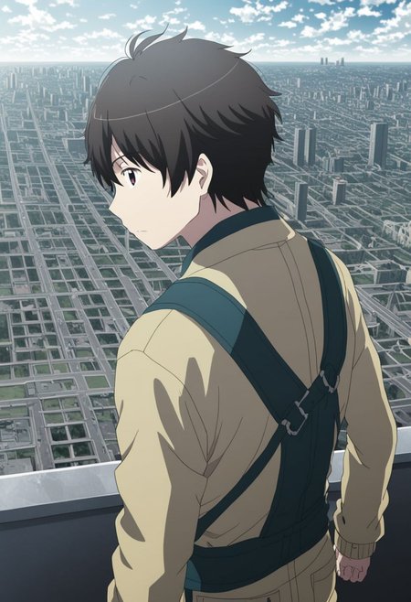 high resolution, solo, best quality, 1Boy, Inaho Kaizuka, Black Hair, Brown Eyes, high-rise, top of building, landscape, depth of field, OverallDetail