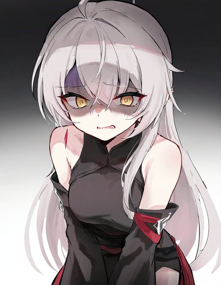 1girl,solo,looking at viewer,dongjun,detached sleeves,simple background,white background,cowboy shot,<lora:dongjun-000014:1>,gloom,disgust,shaded_face,, masterpiece, best quality, very aesthetic, absurdres,newest, incredibly absurdres,, toshizou \(0714\)