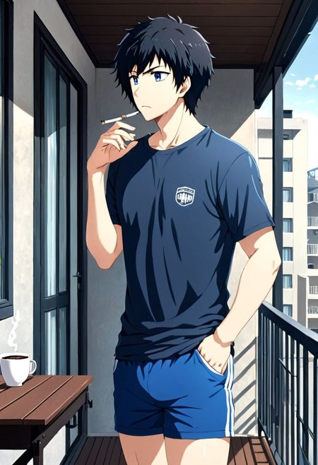 high resolution, solo, best quality, 1Boy, Arata Kaizaki, Black Hair, Blue Eyes, home balcony, morning, cigarette, coffee, t-shirt, shorts, looking away, OverallDetail