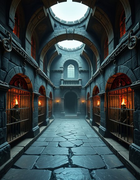 Deep within the necromancerâs fortress lies the Cell Block of the Damned, an endless crypt of imprisonment where no living beings resideâonly echoes of suffering and the restless remains of those long forgotten. The architecture is grotesque and unnatural, a fusion of blackened stone, rusted iron, and calcified bone, as if the walls themselves were formed from the fused remains of the dead. The air is cold, stale, and thick with an unnatural mist that coils like spectral fingers along the cracked floor.
Endless rows of iron-barred cells line the cavernous chamber, their interiors cloaked in unnatural darkness. Some cells contain skeletal figures, shackled in rusted chains, their hollow eye sockets glowing faintly with eerie green or crimson light. Others house shadowy wraiths, their indistinct forms flickering like dying embers, bound by ancient runes etched into the very fabric of the stone. A few cells appear completely empty, yet whispers emanate from withinâechoes of prisoners that no longer exist, but whose agony remains imprinted upon reality itself.
The walls pulse faintly, veins of necrotic energy coursing through their surface, feeding upon the despair and suffering trapped within. Chains dangle from the ceiling, some still swinging slightly as if disturbed by unseen forces. Along the floor, pools of black ichor seep from cracks in the stone, shifting unnaturally as if alive, swallowing anything that lingers too long.
At the heart of the chamber stands a monolithic iron cage, its bars twisted and gnarled, as though shaped by something with no regard for natural law. Inside, a shifting mass of bone, spectral energy, and dark mist writhes in eternal torment, its presence a gravitational wound in reality itself. The cage hums with an ominous resonance, its locks sealed with infernal sigils that glow with unholy fire, ensuring that whatever lurks within remains containedâfor now.
Above, an ancient stone archway looms, inscribed with ever-changing runes that bleed a slow, black liquid. Beyond it, the corridor stretches endlessly, shrouded in a choking fog where shapes move in the distance, watching, waiting. No footsteps ever echo in this place. No voices call out. Only the whispers of the forgotten, the endless creaking of rusted metal, and the sensation that somethingâsomething old, something hungryâis always watching.
This is not a prison.
It is a tomb for souls, a place where the dead are left to fester, to wither, and to become something else.
Style & Mood :
- Dark fantasy, gothic horror, necromantic aesthetics
- Cinematic, highly detailed, eerie lighting
- Infernal atmosphere, filled with shadows, glowing runes, and spectral entities
- Inspired by the works of ZdzisÅaw BeksiÅski, H.R. Giger, and dark medieval occultism
 <lora:SDXLFaeTastic2400:0.4> <lora:extremely_detailed:0.4> extremely detailed,<lora:necromancer_c3ll_bl0ck:1>,necromancer c3ll bl0ck, Masterpiece,best quality,hi res,8k,hi res,8k,award winning,(sharp focus, intricate, highly detailed),