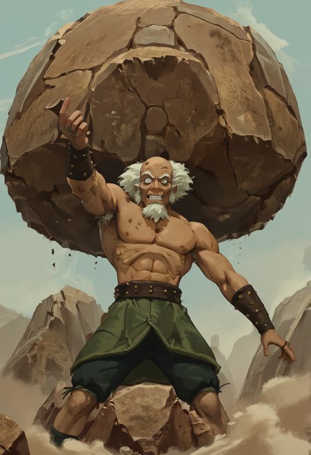 score_9,score_8_up,score_7_up,high quality,highres,masterpiece,<lora:King_Bumi_Avatar_The_Last_Airbender:0.8>,bald,dark skin,topless male,facial hair,beard,white hair,old man,old,muscular,pecs,crazy,from below,<lora:add-detail-xl:2>,<lora:Lifting_giant_object_Concept:0.8>,lifting giant rock,holding giant rock,arms flexed,giant rock,Liffgbject,arm up,outstretched arm,