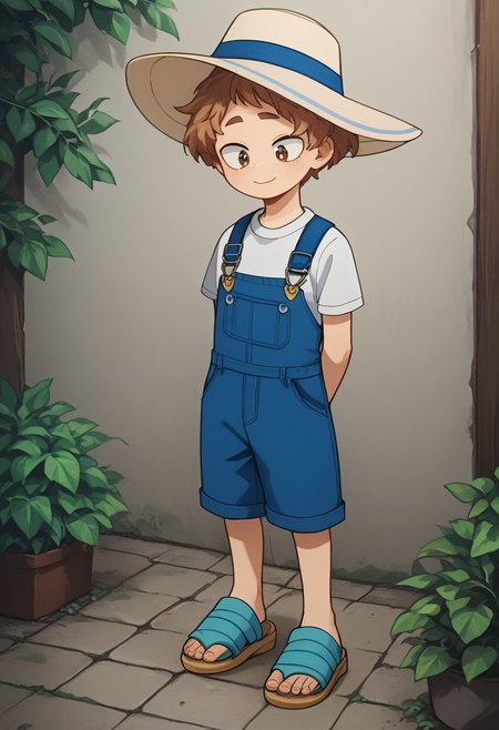 score_9, score_8_up, score_7_up, source_anime, highly detailed, cute boy, 1boy, solo, young, katsuma, sun hat, curly hair, light brown hair, brown eyes, white t-shirt, knee length overalls, hands behind back, shy smile, sandals, looking at viewer, avoiding eye contact, looking down