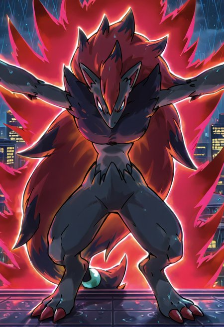 masterpiece, best quality, no humans,    <lora:ZoroarkPokedex_IXL_v1:1.0>,   zzZoroark, city rooftop at night, arms spread, rain falling, neon reflections, dramatic backlight â On a rain-slick rooftop bathed in neon glow, zzZoroark spreads its arms wide, catching the downpour on its open palms. Thunder rolls across the skyline, and streaks of electric blue and crimson ripple through puddles at its feet as the city pulses below.  super saiyan, red aura, <lora:DBSBroly_Style_IXL_v2:0.7>
