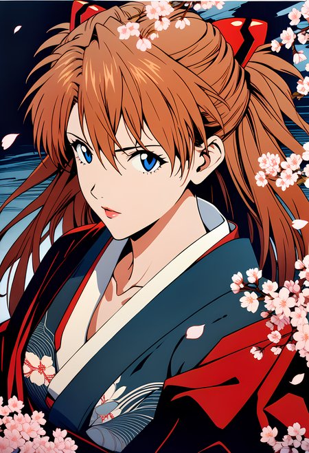 cherry blossoms  in a dark storm, light and shadow, cherry petals flying in the air, wind and rain, 
1girl, souryuu asuka langley, neon genesis evangelion, rebuild of evangelion, aged up, mature, Japanese kimono, looking at viewer, 
dynamic angle, close-up shot, woodcuts, highly detailed, KHsty-XL, <lora:KHsty-XL-v3-AN:0.5>,
masterpiece, best quality, very aesthetic, absurdres,