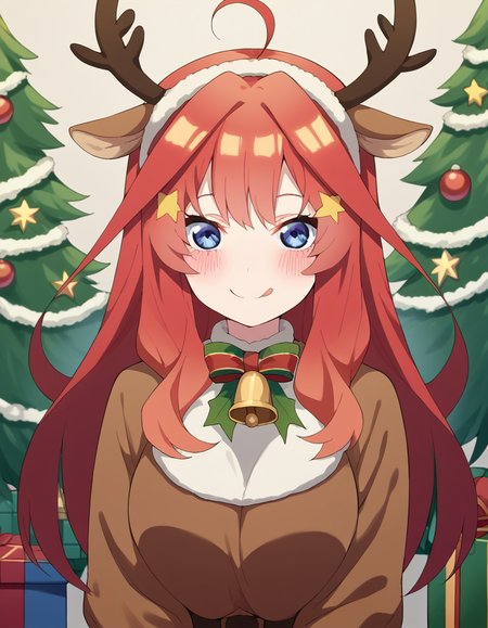 score_9, score_8_up, score_7_up, source_anime, <lora:itsuki-nakano-s2-ponyxl-lora-nochekaiser:1>, itsuki nakano, bangs, long hair, blue eyes, hair between eyes, ahoge, red hair, star (symbol), hair ornament, star hair ornament, large breasts, <lora:reindeer-costume-ponyxl-lora-nochekaiser:1>, reindeer costume, animal costume, reindeer antlers, antlers, fake antlers, reindeer hood, christmas, red nose, deer ears, deer tail, christmas tree, bell, horns, reindeer,, blush, smile, tongue out, looking at viewer,,