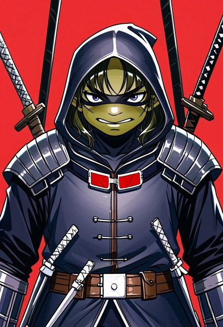 masterpiece, best quality, amazing quality, very aesthetic, high resolution, ultra-detailed, absurdres, newest, Lofi anime style, soft anime art, kawaii elf, Painted anime illustration, tmnt the last ronin, the last ronin, tmnt, hood, sai, swords, nunchaku, ninja turtle, bo staff, ninja armor