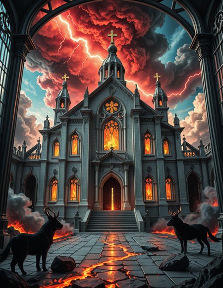 A once-majestic celestial temple, now under siege by the forces of Hell. The grand white stone structure is cracked and scorched, its golden crosses twisted and broken. The stained-glass windows, once glowing with warm divine light, are now shattered, with demonic symbols glowing ominously in their place. The sky, once a serene blue, is now consumed by dark storm clouds, swirling with red lightning and thick smoke.
Black, jagged chains extend from the sky, wrapping around the temple as if trying to pull it down into the abyss. The once-fluffy clouds beneath the structure are now a chaotic mix of fire, ash, and dark mist, with glimpses of molten lava cracks below. Infernal creatures with glowing red eyes lurk in the shadows, their silhouettes barely visible through the smoke and fire.
The temple doors are blown open, revealing an eerie red glow emanating from within, as if Hell itself is consuming the sacred space. Massive demonic runes are etched into the stone, pulsating with an unholy energy. The entire scene is bathed in a deep crimson and orange glow, giving it an apocalyptic and nightmarish atmosphere.
Style & Lighting:
- Dark fantasy, highly detailed
- Dramatic, high-contrast lighting with fiery glows
- Cinematic composition, epic scale
- Strong use of shadows, embers, and atmospheric foghighly detailed and atmospheric view from inside a massive birdcage, large enough for a human to stand inside. The cage is made of ornate, aged metal bars with intricate Victorian-style patterns, curving elegantly towards the domed ceiling. Sunlight filters through the gaps between the bars, casting long, dramatic shadows on the wooden floor. Delicate vines and small flowers have begun to grow around the bars, adding a touch of nature reclaiming the space. The background beyond the cage is blurred, hinting at a lush garden or a mysterious, abandoned mansion. The ambiance is serene yet slightly melancholic, with warm golden light illuminating dust particles floating in the air. Soft feathers are scattered on the floor, adding to the sense of quiet abandonment. The perspective makes the viewer feel as if they are inside the cage, looking outward, surrounded by both beauty and confinement. The style is highly detailed and realistic, with a cinematic and slightly surreal atmosphere.
<lora:SDXLFaeTastic2400:0.4> <lora:extremely_detailed:0.4> extremely detailed 
<lora:evil_celestial_t3mpl3-i:1> evil celestial t3mpl3, Masterpiece,best quality,hi res,8k,hi res,8k,award winning,(sharp focus, intricate, highly detailed),