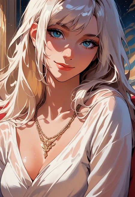 score_9, score_8_up, score_7_up, score_6_up, source_cartoon, 1girl, female, solo, femenine, petite, lean, pale skin,, soaking wet hair, smile, diaphonous white dress, bronze necklace, medium breasts, female focus, official style, close up, perfect anatomy, perfect face, standing,  abstract beauty, beautiful, centered, looking at the camera, approaching perfection, dynamic, moonlight, highly detailed, watercolor painting, artstation, concept art, smooth, sharp focus, illustration, portrait