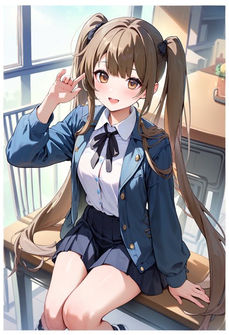 score_9,score_8_up,score_7_up,<lora:PDFA_Style7256193366v4:0.8>,1girl,solo,bangs,blush,smile,looking at viewer,upper body,indoors,:d,black footwear,black jacket,black ribbon,black skirt,blue hair,blue jacket,border,brown eyes,brown hair,collared shirt,dress shirt,full body,hand up,hand on own hip,jacket,knees together feet apart,long hair,long sleeves,neck ribbon,open clothes,open mouth,pleated skirt,ribbon,shirt,shoes,sitting,skirt,sneakers,standing,twintails,very long hair,white border,white shirt