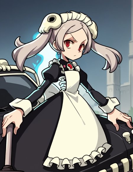score_9, score_8_up, score_7_up, source_anime, <lora:skullgirls-marie-ingame-ponyxl-lora-nochekaiser:1>, marie, hair ornament, red eyes, twintails, skull, skull hair ornament, grey hair, forehead,, apron, maid, maid headdress, long sleeves, wrist cuffs,, parking lot, cars, asphalt, spaces, open, , from side, looking at viewer, solo,, dutch angle, cowboy shot