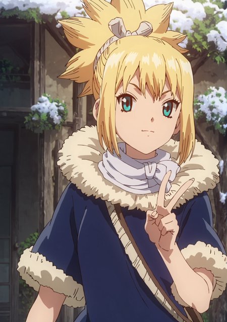 score_8_up, score_7_up, anime screenshot, 
<lora:Kohaku (Autism Mix XL):0.8> 1girl, kohaku \(dr. stone\), blonde hair, ponytail, choker, green blue eyes, winter clothes, (:3, v:1.4)