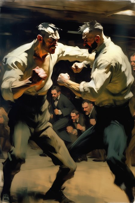 <lora:Lovis Corinth Style:1>Lovis Corinth Style - George Bellows, Ashley Wood, Thomas Eakins, Edgar Degas, Alex Ross, Jim Lee, realistic oil painting with brush strokes, close-up portrait, Mike Haggar from the video game Final Fight as a 19th-century underground bare knuckle fighter giving a punch. Guard up, unwavering gaze. over muscular, few scars, mustache