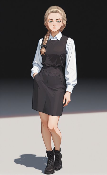concept art professional 3d model masterpiece, ultra-HD, impressionism (1.5), high detail, depth of field, white background, looking at viewer, footwear,
katyastik, 1girl, solo, long hair, braid, blonde hair, jewelry, earrings, single braid, green eyes, single braid, stud earrings, 
shirt,  white shirt, long sleeves, hair bow, stud earrings, vest, collared shirt, black vest, short  skirt,
disheveled hair, cross-laced footwear, Stands straight, hand in pocket, zoom out
<lora:NOOB_vp1_detailer_by_volnovik_v1:1.4> <lora:DarkerThanBlackIllustrious:1> <lora:katyastik00001:1> . octane render, highly detailed, volumetric, dramatic lighting . digital artwork, illustrative, painterly, matte painting, highly detailed