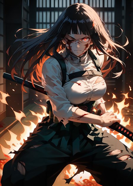 style of boku no hero academia,<lora:Expressive_H-000001>,<lora:modern_anime_screencap_v1_0:0.8>,source_anime,score_9,score_8_up,score_7_up,score_6_up,Volumetric Lighting,Cinematic Lighting,dark theme,low light,dojo,
1girl,solo,<lora:age_slider_v4:1.4>,adult,tall female,hime cut,black hair,long hair,bangs,blunt bangs,full bangs,straight hair,red eyes,pale skin,skindentation,petite,toned,(thick thighs:0.6),large breasts,harness,glowing eyes,head tilt,eye sparks,flaming eye,dougi,<lora:battoujutsu_stance_24retry_pony_rework_final_svd_d8:0.8>,holding katana,stance,torn clothes,black baggy pants,white top,blood,blood on face,one eye closed,