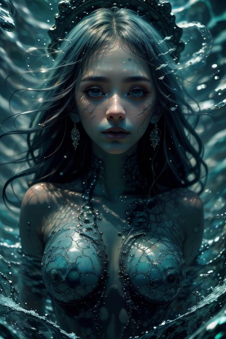 masterpiece,best quality,absurdres,high details,8K,photorealistic,1 girl,<lora:Concept_-_Hella-sthetic_v2:0.7>,fullbody,<lora:Water:1>,water,floating in the water,sea creature, blue skin, colored skin,blue hair,, (intricate details:0.9), (hdr, hyperdetailed:1.2), intricate, elegant, highly detailed, symmetry, magical atmosphere, sharp focus, majestic, very coherent, radiant, advanced, cinematic, artistic, fine detail, winning, beautiful, stunning, dramatic light, designed, rich deep colors, perfect professional background, ambient, tailored set composition