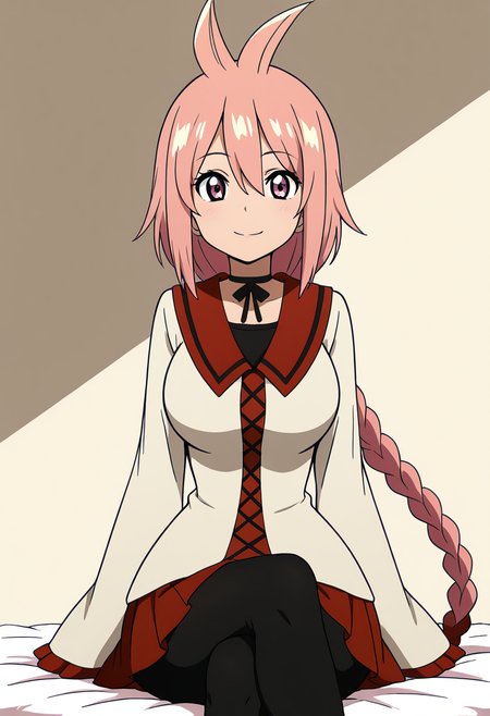 masterpiece, best quality, solo, curvy, beautiful eyes, large breasts, aged up, narrow waist, wide hips, 1girl, solo, smile, looking at viewer,   zzKaede, pink eyes, hair between eyes, ahoge, antenna hair, long hair, pink hair, single braid,  school uniform, choker, sleeves past wrists, red skirt, black pantyhose,   ,<lora:KaedeByKurumiErika_IXL:1.0>, sitting, crossed legs, upper body focus, smile, looking at viewer,