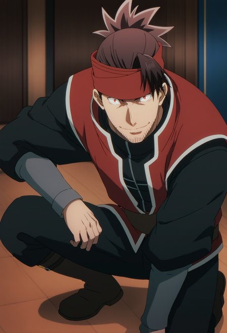1boy,  rex_eminenceinshadow, brown hair, slicked back hair, ((top knot)), red headband, red eyes, stubble, black under shirt, red vest, veiny arms, score_7_up, score_6_up, score_8_up, score_9, ((anime color)), looking at viewer, detailed eyes, 8k uhd, high quality, medieval, room, smile, front view, kneel with one leg, knee on floor, hand on knee, from above