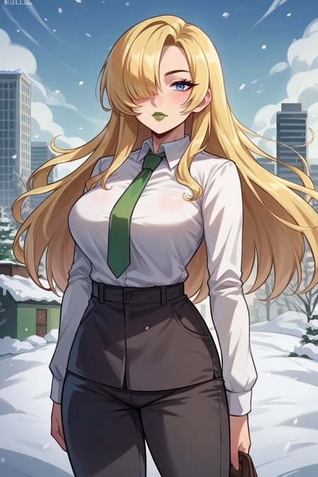 score_9, score_8_up, score_7_up, score_6_up, source_anime, BREAK 1girl,  <lora:sniperwolf-pdxl-nvwls-v1-000006:0.9> snprwlf, blonde hair, hair over one eye, large breasts, green lipstick, dress shirt, long sleeves, green necktie, snow, winter, black pants, city, grey sky