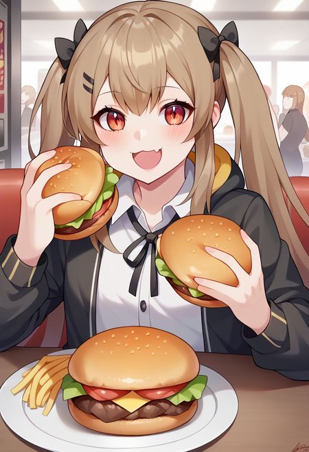 score 9, score 8 up, score 7 up, detailed background, shiny skin, <lora:ump9.pony:1>, ump9, def, restaurant, sitting, fast food, burger, eating burger, happy, catface: (:3:1.8),
