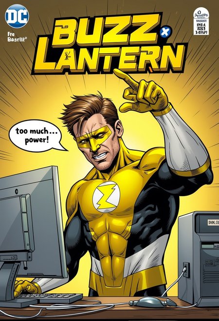 Superhero comic cover. On top, the yellow cover title says: "BUZZ LANTERN". and a small sub-title line that says "Unlimited Generations". Bellow a drawing of a yellow lantern style superhero, with (a thunderbolt logo in his chest). The superhero is standing in pain,  pointing his shiny ring to his computer screen. He has a speech ballon that says: "too much...power."