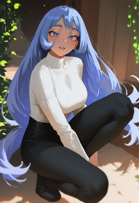 masterpiece, best quality, newest, absurdres, highres, very awa, anime screencap, film grain, painting \(medium\), no lineart, sketch, ambient occlusion, depth of field, intricate background, ethereal glow, ethereal particles, dappled light, bXVrd, hadou nejire, 1girl, blue eyes, solo, blue hair, long hair, looking at viewer, breasts, sweater, pants, parted lips, blush, squatting, very long hair, black pants, hand between legs, turtleneck, tight pants, between legs, light blue hair, long sleeves, tight clothes, ribbed sweater, medium breasts, white sweater