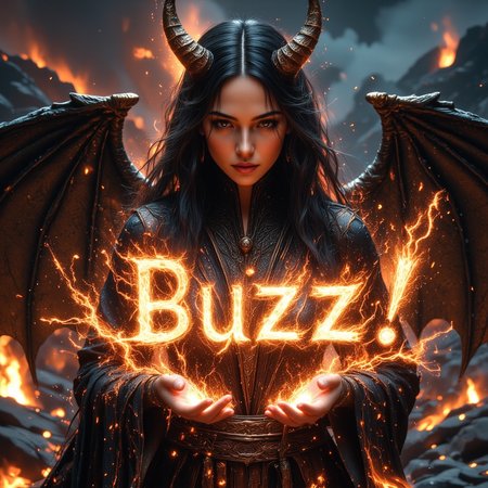 volcanic landscape, beautiful woman, black hair, demon horns,  dragon wings, body covered in black robes, sfw, beautiful detailed face, glowing eyes, powerful, strong, magically glowing hands, magical sparks forming letters, magic glowing burning words, text "You better give me Buzz!", casting fire letters "Buzz!", highly detailed, hyper realistic, fantasy style, hkmagic, ink splats <lora:FantasyWizardWitchesFluxV2-000001:1.02> <lora:ink_splats_flux:1.0>