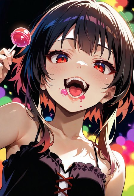 1girl, Megumin, bare shoulders, teeth, lips, thin lips, narrow mouth, solo, looking at viewer, open mouth, holding lollipop, chupa chups, upper body, from below, back lighting, dark, multicolored background, colorful, masterpiece, best quality, grin, greed on his face, his tongue sticking out, a little steam from the mouth