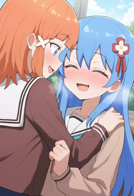 masterpiece,best quality,amazing quality,
multiple girls, 2girls, school uniform, closed eyes, blush, blue eyes, open mouth, sailor collar, smile, serafuku, white sailor collar, blue hair, long sleeves, hair ornament, looking at another, yuri, orange hair, brown shirt, hair ribbon, ribbon, medium hair, ^_^, dutch angle, shirt, long hair,
 <lora:Yaruki:1>
