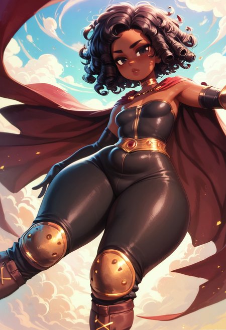 score_9, score_8_up, score_7_up, high detail, 4k, high resolution, 1girl, plump, tight body, sexy, small breasts, wide hips, thick thighs, big ass, ((black skin, dark chocolate skin, african girl, extremely darkskinned girl)), short hair, extremely curly hair, full lips, detailed face, expressive eyes, purple_eyes, shining eyes, sexy pants, sexy top, open shoulders, choker, long gloves, long boots, knee pads, elbow pads, cape, face focus