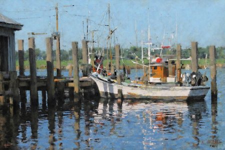 marklague1 painting.
A docked white boat near a wooden dock with several posts. There are reflections in the water. A small structure is on the left side. The background shows water and greenery. <lora:marklague1_cap_d8a4e12:1.0><lora:855111146187843387:0>