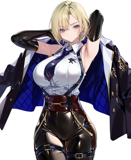 <lora:shiro_marimo:1>, shiro_marimo,
(masterpiece), (best quality), (ultra-detailed), amazing quality, very aesthetic, illustration, perfect composition, intricate details, absurdres, incredibly absurdres, shiny skin, realistic,
 shiro_marimo, 1girl, solo, breasts, purple eyes, blonde hair, large breasts, white background, armpits, gloves, simple background, looking at viewer, thigh strap, shirt, necktie, sleeveless shirt, sleeveless, elbow gloves, short hair, jewelry, white shirt, earrings, jacket, collared shirt, black gloves, cowboy shot, pants, sensitive
