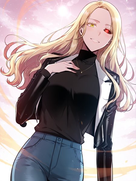 <lora:Omniscient_Readers_Viewpoint__Anna_Croft (1):1>
1girl, solo, long hair, wavy hair, blonde hair, side part, heterochromia, yellow right eye, red left eye, black sclera (left eye),
black turtleneck, black jacket, fitted jacket, long sleeve, modern outfit, blue jeans, belt, sneakers, necklace, pendant,
score_9, score_8_up, score_7_up, very aesthetic, source_anime, detailed, high quality, beautiful, detailed eyes, masterpiece, best quality, absurdres, perfect anatomy, dynamic low-angle shot, looking down while smiling brightly, wind blowing through hair, one hand near chest, flushed cheeks, dramatic lighting from behind, glowing rimlight, cinematic lens flare, soft pinkish background, ethereal atmosphere, anime style