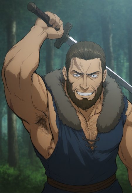 1boy, bandit_SkeletonKnight, two scars on face, beard, brown hair, brow eyes, score_8_up, score_7_up, score_6_up, score_9_up, a muscular male bandit stand at forest, fantasy, ancient ,medieval, fur collar, (manly),sleeveless shirt, hairy, face_focus, middle-age man, (muscular), big muscle, centered,looking at viewer,  detailed eyes, 8k uhd, high quality, bare arms, arm up, armpit, evil_grin, fighting pose, attack, holding sword