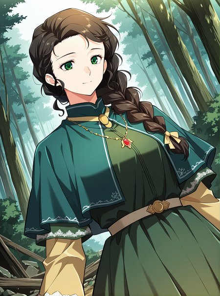 <lora:Silluria_Namaran__The_Greatest_Estate_Designer__Illustrious:1>
1 girl, solo, green eyes, brown hair, black hair, long hair, braid, single braid, braided ponytail, hair over shoulder
green dress, long sleeves, capelet, layered sleeves, short over long sleeves, necklace, jewelry, <lora:DetailedEyes_V3:1>
score_9, score_8_up, score_7_up, very aesthetic, source_anime, detailed, high quality, beautiful, masterpiece, detailed eyes, forest, tree, ruins, cowboy shot, dynamic angle, upper body, light smile, dynamic pose