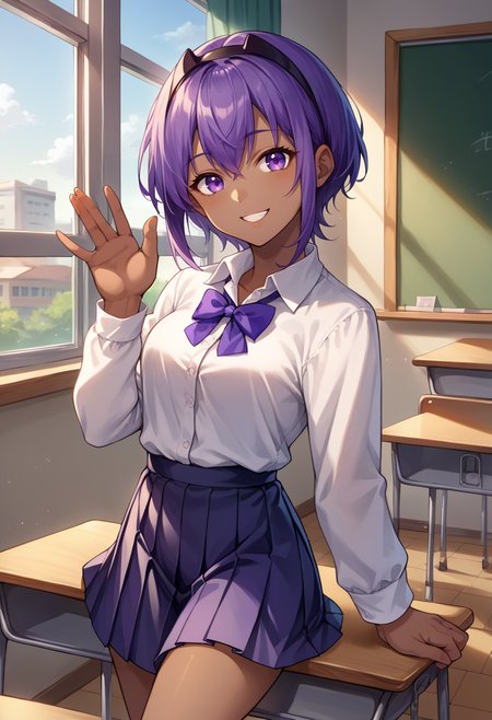 score_9, score_8_up, source_anime, HassanOfSerenity, dark-skinned female, purple hair, purple eyes, short hair, black hairband, classroom, window, school uniform, dress shirt, pleated skirt, waving at viewer, smile, <lora:ChamHassanOfSerenityPonyXL:1>