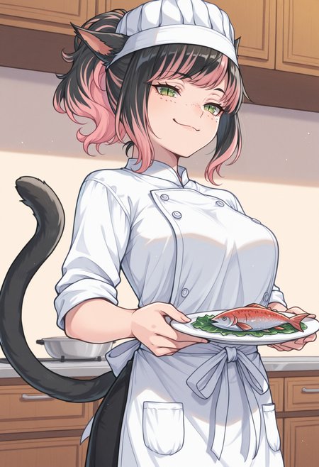 masterpiece, best quality, traditional media, watercolor /(medium/), 1girl, solo,  <lora:clamchan_illu:1> animal ears, black hair, pink hair, multicolored hair, ponytail, green eyes, slit pupils, freckles, cat tail, apron, chefs hat, holding plate, gifting, fish on plate, smug, kitchen