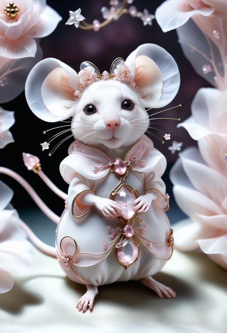 a white mouse made out of reij-rsrgnz <lora:RoseOrganza-000006:1>, surrounded by fairy dust, cuteness overload